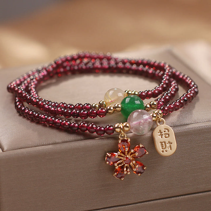 Bracciale multistrato con perle di granato ultrasottili naturali da 3 mm Buddha Stones, fiore di ciliegio, attrae fortuna e protezione