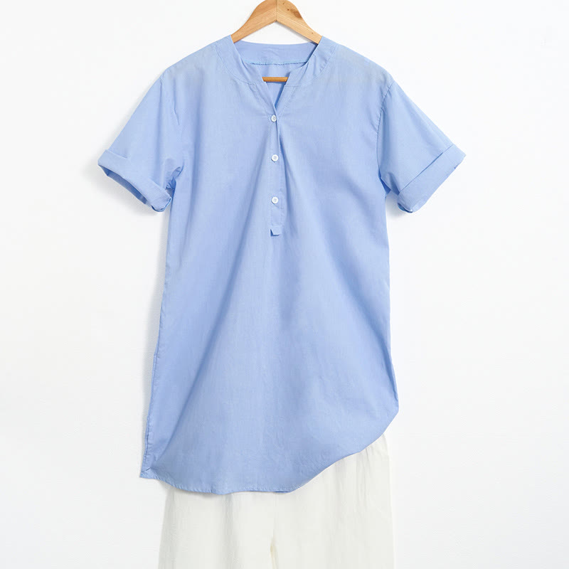 Buddha Stones Camicia da donna a maniche corte con colletto a punta e bottoni casual e semplici - BluAcciaioChiaro - US20, UK/AU24, EU52 (5XL) - image 5