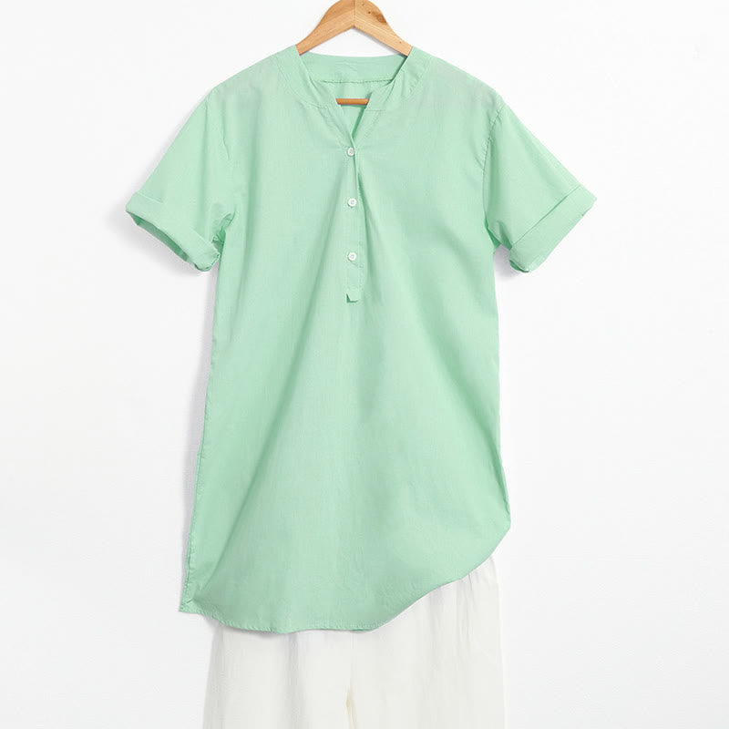 Buddha Stones Camicia da donna a maniche corte con colletto a punta e bottoni casual e semplici - Verde pallido - US20, UK/AU24, EU52 (5XL) - image 25
