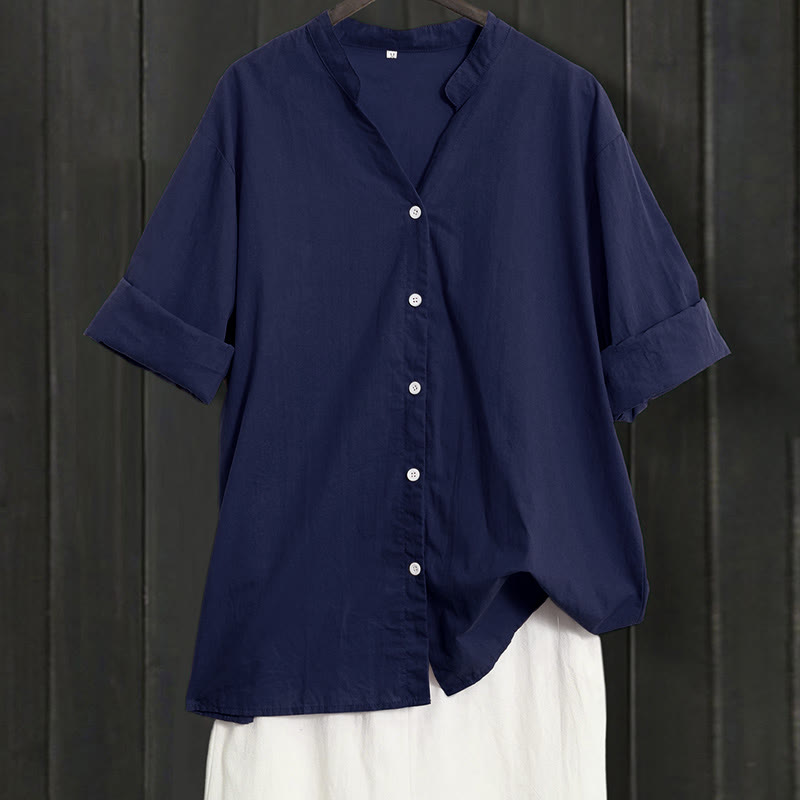 Camicia da donna in cotone e lino, a maniche corte, con colletto a punta e petto semplice, stile casual estivo Buddha Stones - Marina - US20, UK/AU24, EU52 (5XL) - image 0