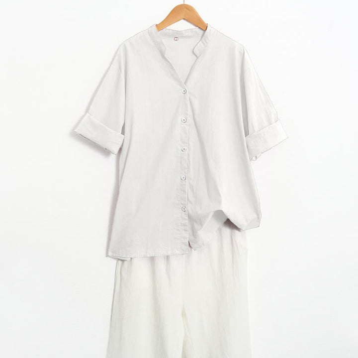 Camicia da donna in cotone e lino, a maniche corte, con colletto a punta e petto semplice, stile casual estivo Buddha Stones - image 35