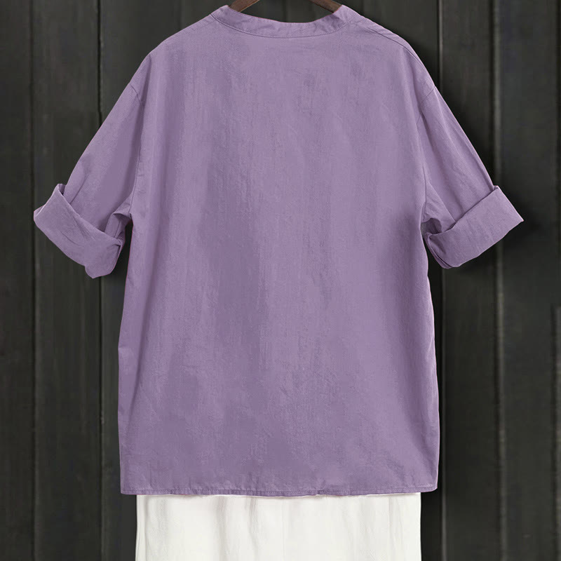 Camicia da donna in cotone e lino, a maniche corte, con colletto a punta e petto semplice, stile casual estivo Buddha Stones - image 43