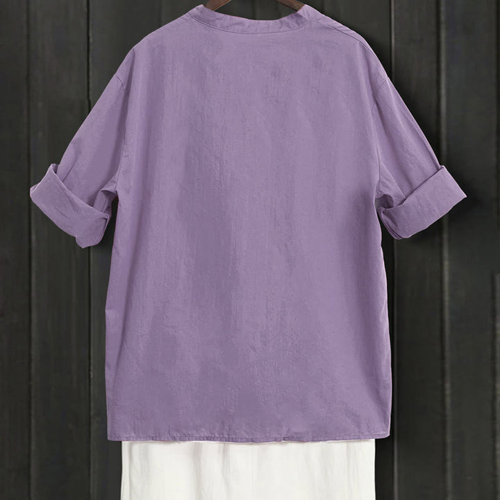 Camicia da donna in cotone e lino, a maniche corte, con colletto a punta e petto semplice, stile casual estivo Buddha Stones - image 43