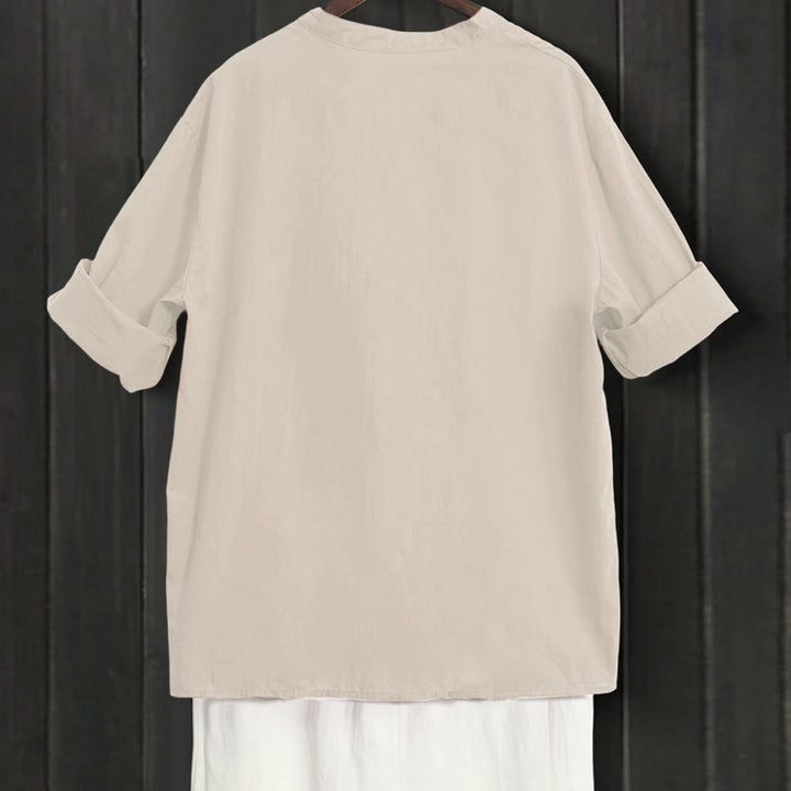 Camicia da donna in cotone e lino, a maniche corte, con colletto a punta e petto semplice, stile casual estivo Buddha Stones - image 49