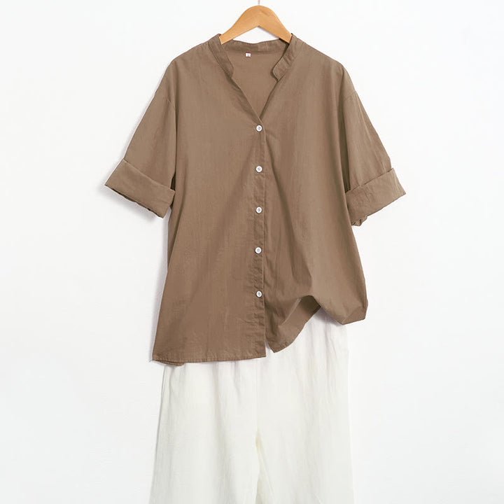 Camicia da donna in cotone e lino, a maniche corte, con colletto a punta e petto semplice, stile casual estivo Buddha Stones - image 59
