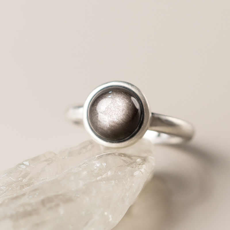 Anello di protezione regolabile in argento sterling 925 con Buddha Stones e ossidiana lucida naturale