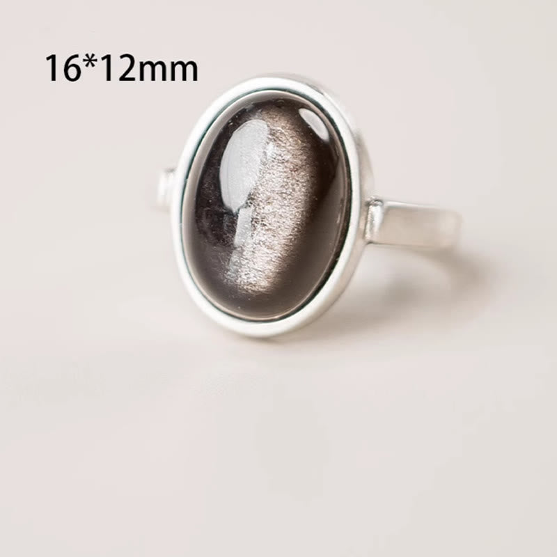 Anello di protezione regolabile in argento sterling 925 con Buddha Stones e ossidiana lucida naturale
