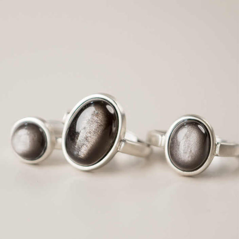 Anello di protezione regolabile in argento sterling 925 con Buddha Stones e ossidiana lucida naturale
