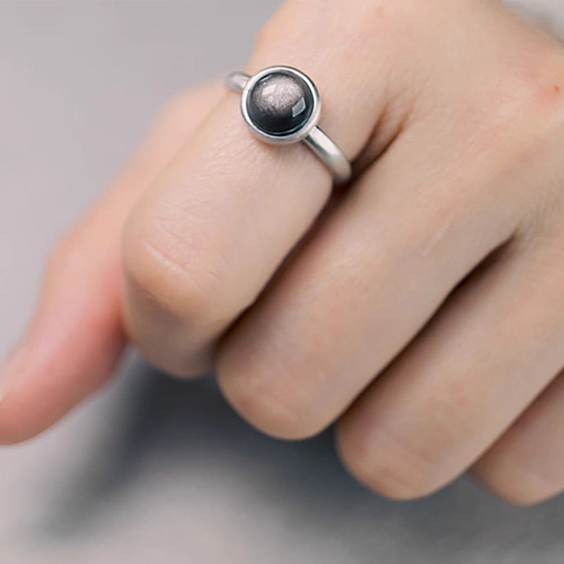 Anello di protezione regolabile in argento sterling 925 con Buddha Stones e ossidiana lucida naturale