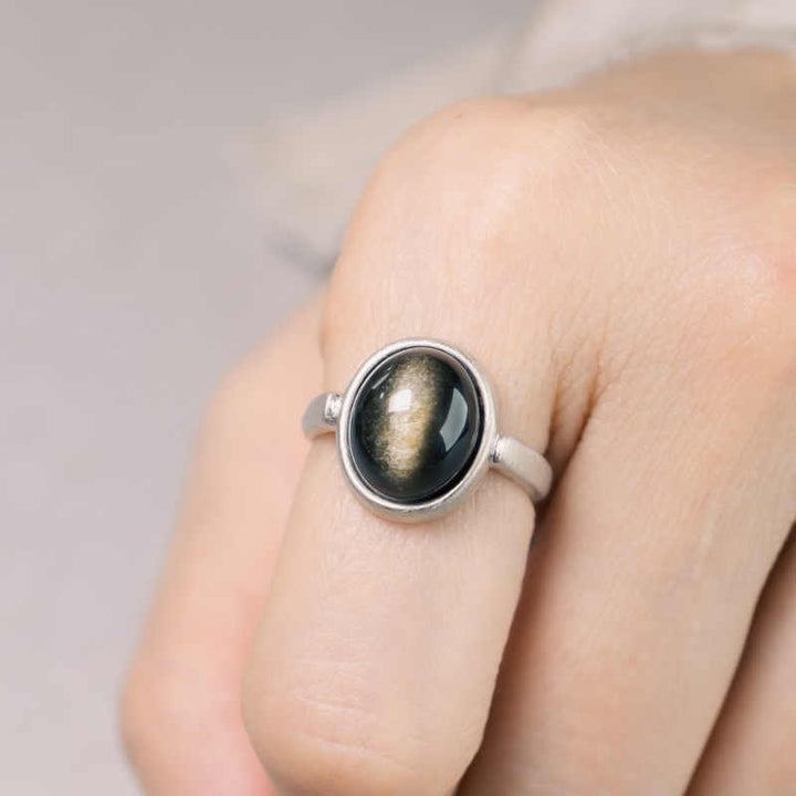Anello regolabile con Buddha Stones in argento sterling 925 naturale con ossidiana e lucentezza dorata