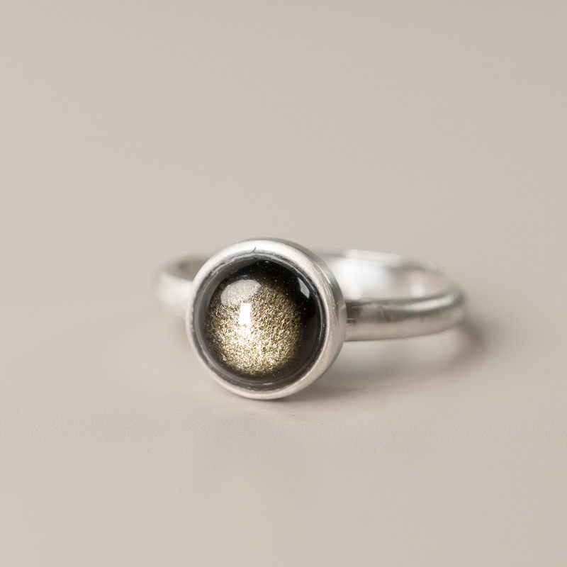 Anello regolabile con Buddha Stones in argento sterling 925 naturale con ossidiana e lucentezza dorata