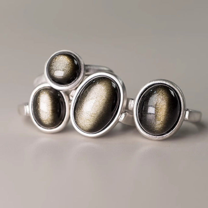 Anello regolabile con Buddha Stones in argento sterling 925 naturale con ossidiana e lucentezza dorata