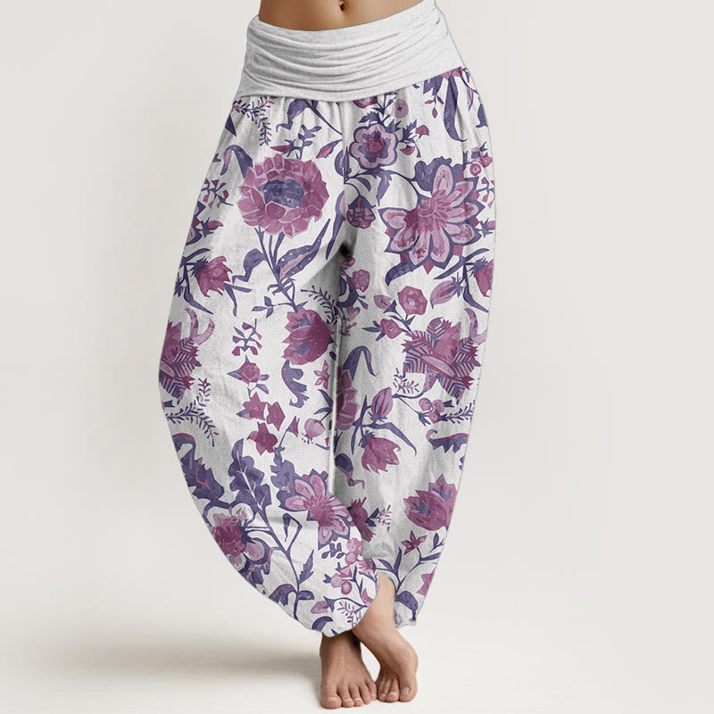 Pantaloni harem da donna con elastico in vita e motivo a girasole in puro cotone con Buddha Stones