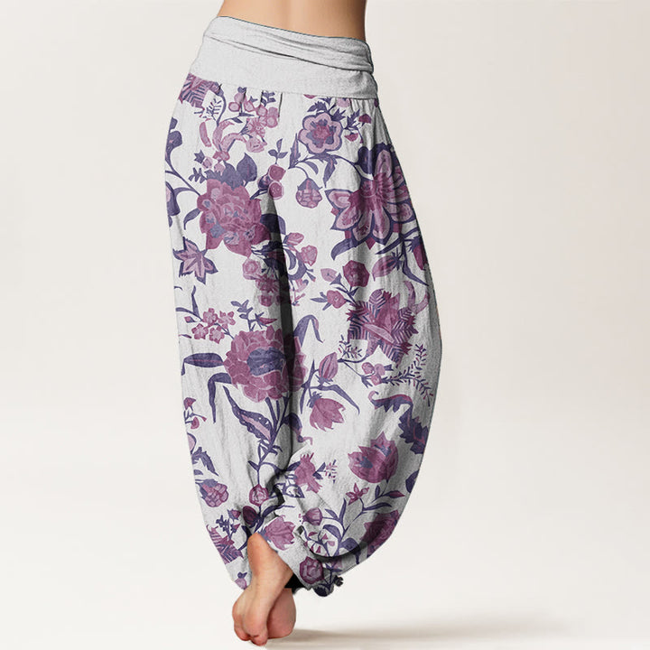 Pantaloni harem da donna con elastico in vita e motivo a girasole in puro cotone con Buddha Stones