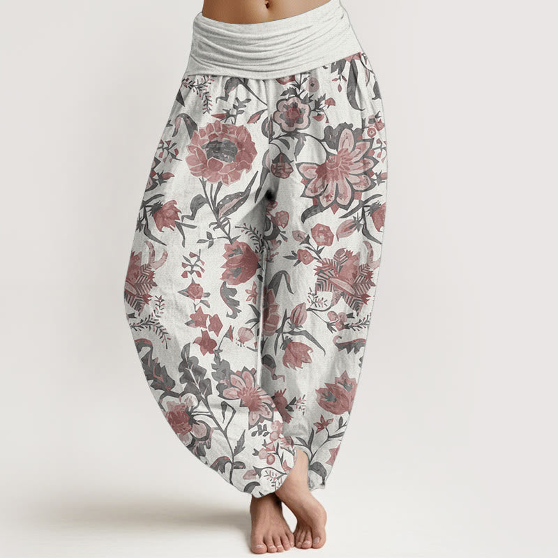 Pantaloni harem da donna con elastico in vita e motivo a girasole in puro cotone con Buddha Stones