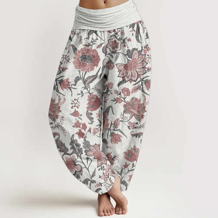 Pantaloni harem da donna con elastico in vita e motivo a girasole in puro cotone con Buddha Stones