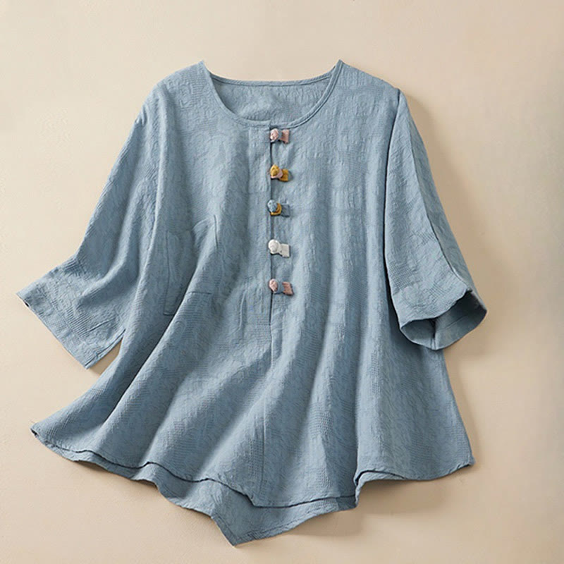 Camicia da donna in cotone e lino con maniche corte, motivo Buddha Stones, fiori colorati e rane, bottoni - AzzurroCielo Chiaro - US8-10, UK/AU12-14, EU40-42 (2XL) - image 0