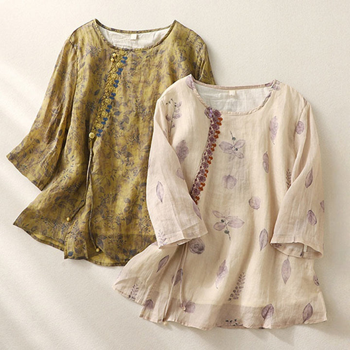 Camicia da donna in cotone e lino con maniche a tre quarti e ricamo di Buddha Stones e foglie - image 19