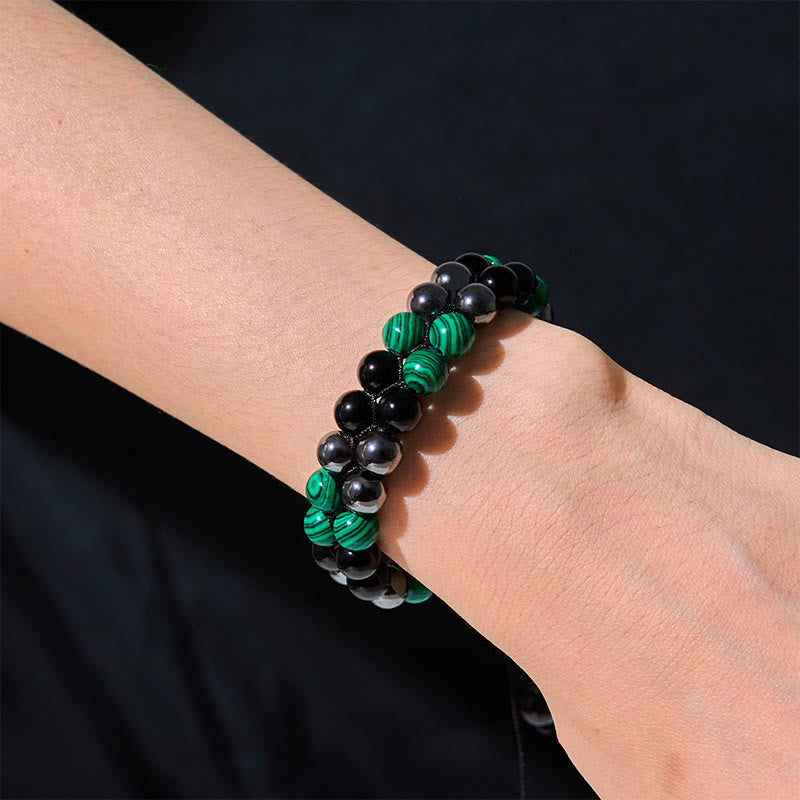Bracciale anti-ansia con perline a doppia fila in malachite naturale, magnetite nera e ossidiana nera Buddha Stones