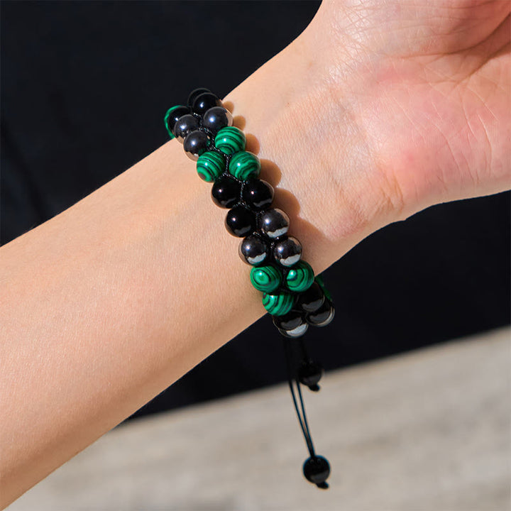 Bracciale anti-ansia con perline a doppia fila in malachite naturale, magnetite nera e ossidiana nera Buddha Stones