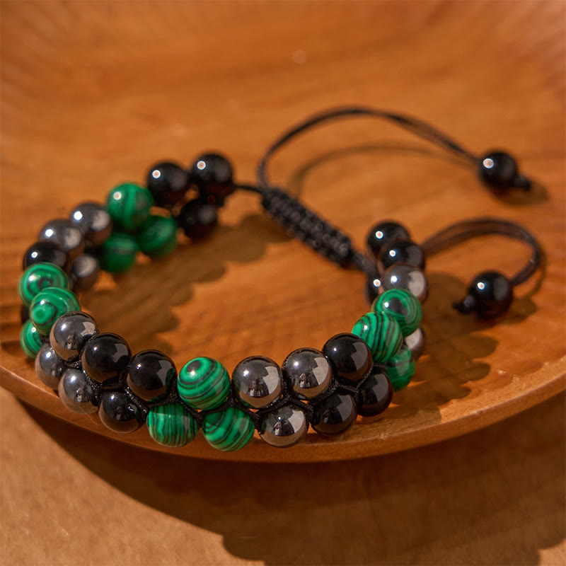Bracciale anti-ansia con perline a doppia fila in malachite naturale, magnetite nera e ossidiana nera Buddha Stones