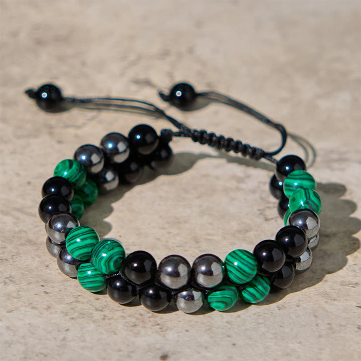 Bracciale anti-ansia con perline a doppia fila in malachite naturale, magnetite nera e ossidiana nera Buddha Stones