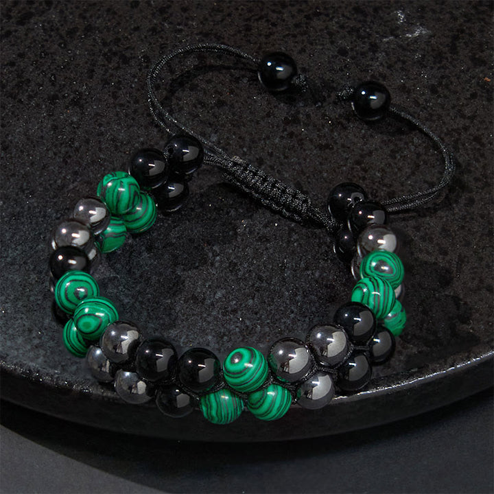 Bracciale anti-ansia con perline a doppia fila in malachite naturale, magnetite nera e ossidiana nera Buddha Stones