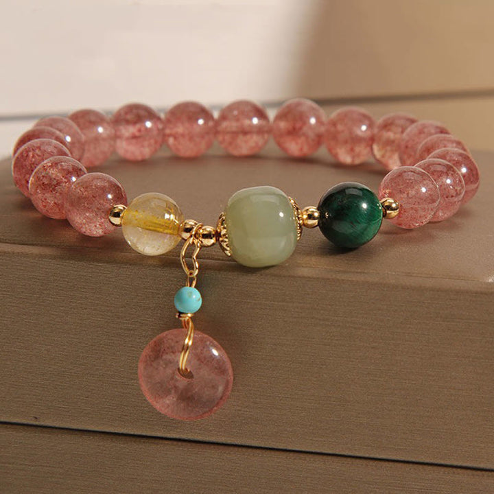 Bracciale Buddha Stones in quarzo fragola naturale con fibbia della pace e giada positiva