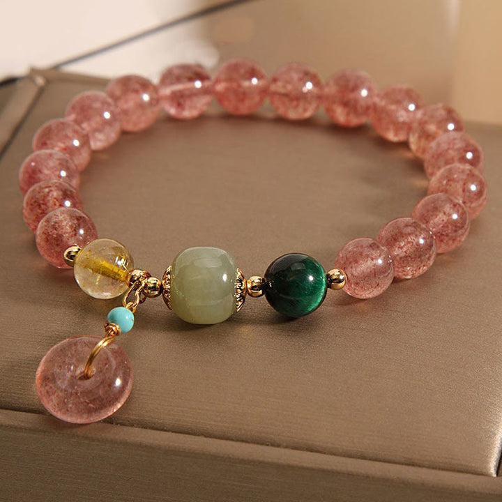 Bracciale Buddha Stones in quarzo fragola naturale con fibbia della pace e giada positiva