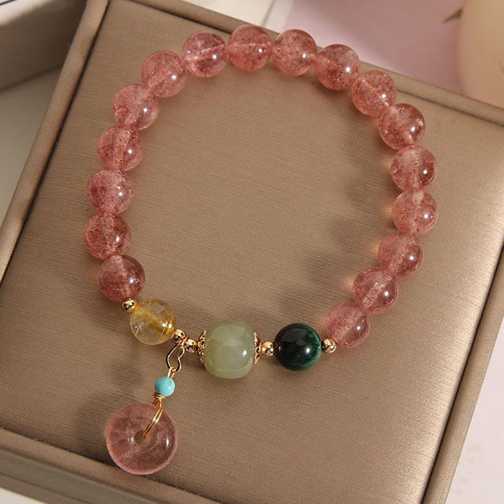 Bracciale Buddha Stones in quarzo fragola naturale con fibbia della pace e giada positiva