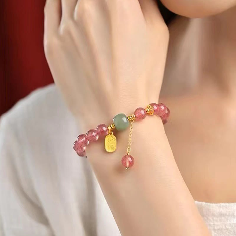 Braccialetto di guarigione positiva in giada con carattere Fu, quarzo fragola naturale Buddha Stones