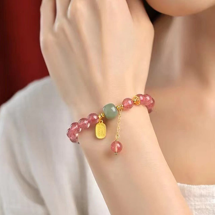 Braccialetto di guarigione positiva in giada con carattere Fu, quarzo fragola naturale Buddha Stones