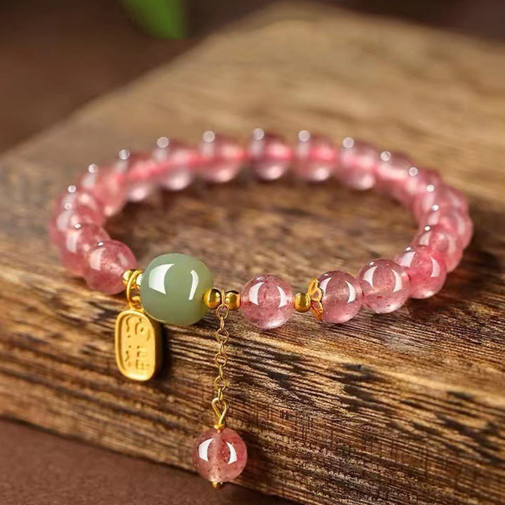 Braccialetto di guarigione positiva in giada con carattere Fu, quarzo fragola naturale Buddha Stones