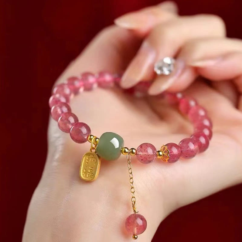 Braccialetto di guarigione positiva in giada con carattere Fu, quarzo fragola naturale Buddha Stones