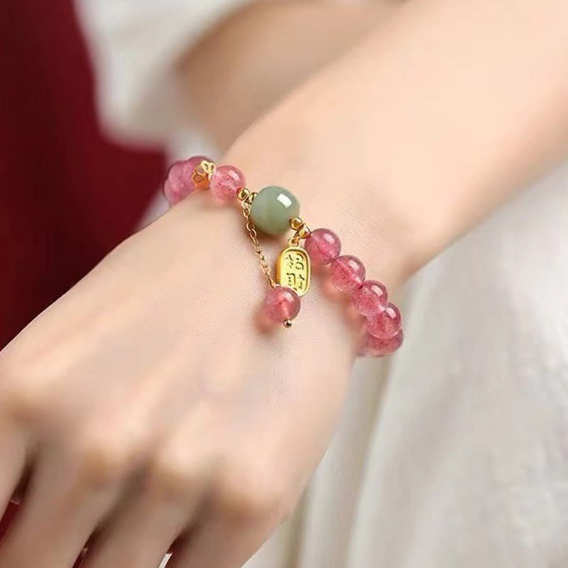 Braccialetto di guarigione positiva in giada con carattere Fu, quarzo fragola naturale Buddha Stones