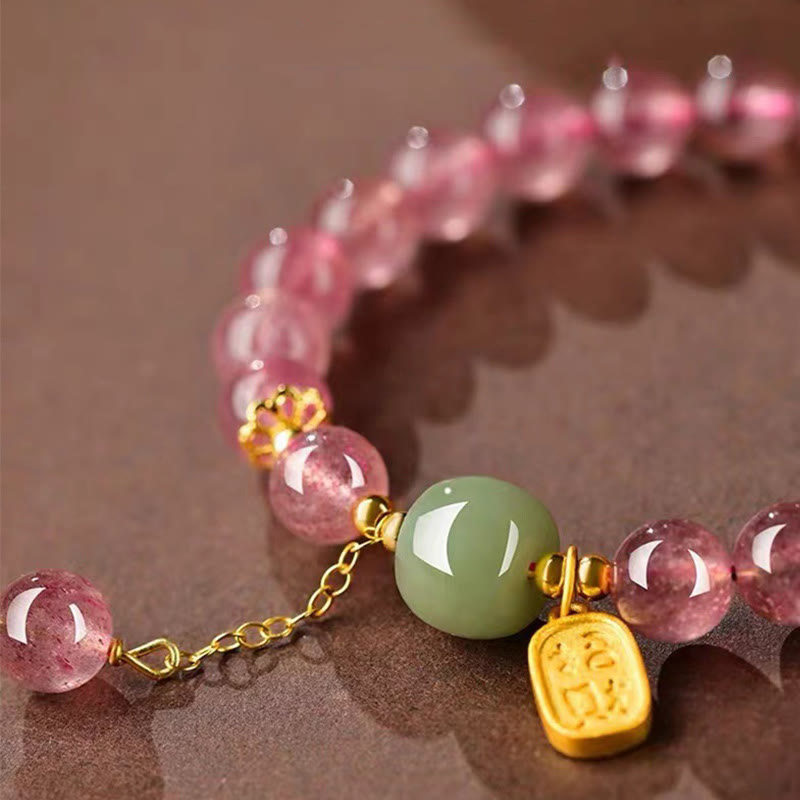 Braccialetto di guarigione positiva in giada con carattere Fu, quarzo fragola naturale Buddha Stones
