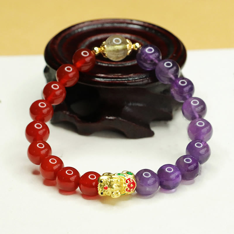 Bracciale Buddha Stones Pi Xiu Balance in ametista naturale e agata rossa