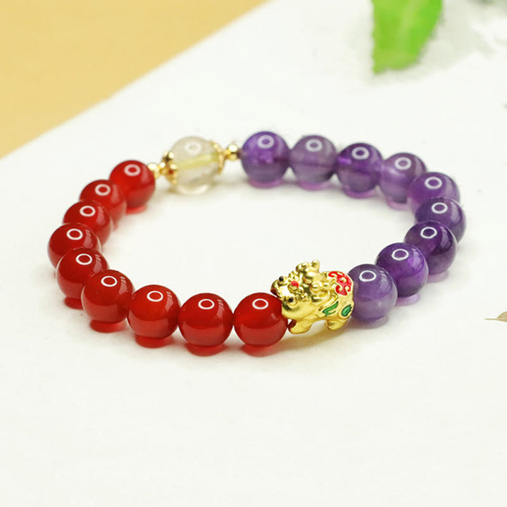 Bracciale Buddha Stones Pi Xiu Balance in ametista naturale e agata rossa