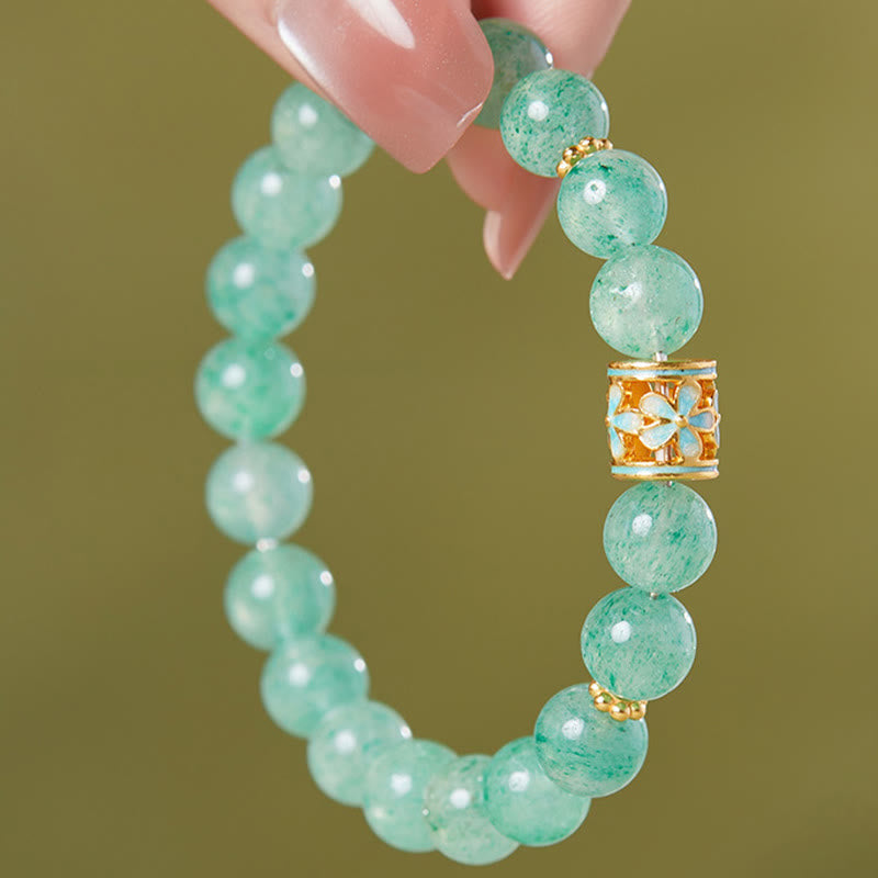 Bracciale Buddha Stones in argento sterling 925 con quarzo fragola verde e fiore calmo