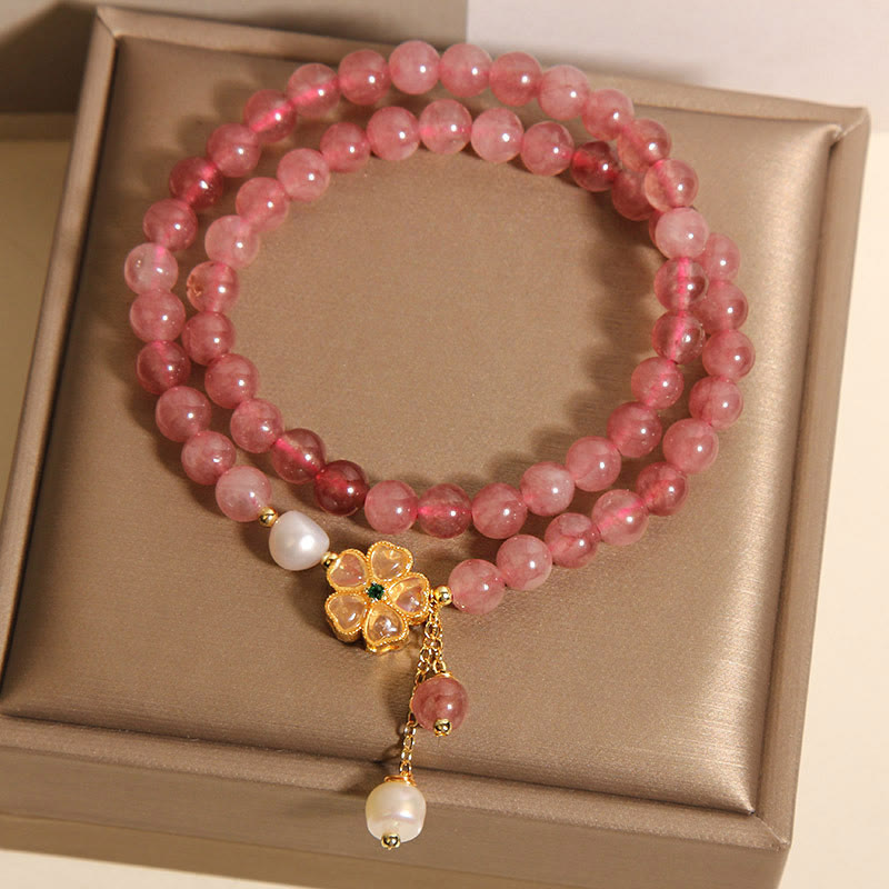 Braccialetto Buddha Stones con design positivo a doppio giro, in quarzo fragola e quadrifoglio