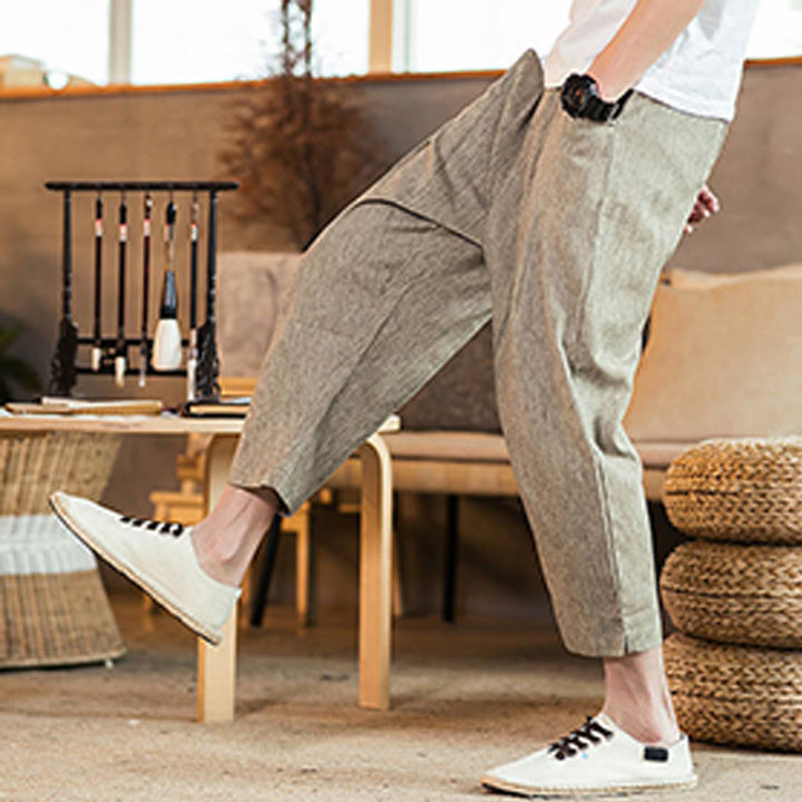 Pantaloni da uomo in cotone e lino con elastico in vita, casual, tinta unita, con coulisse e tasche, modello Buddha Stones - image 6