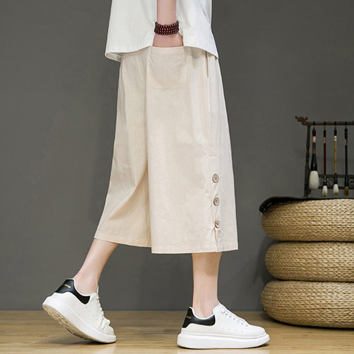 Pantaloni da uomo in cotone con coulisse, modello Buddha Stones, casual, tinta unita, bottoni laterali e tasche