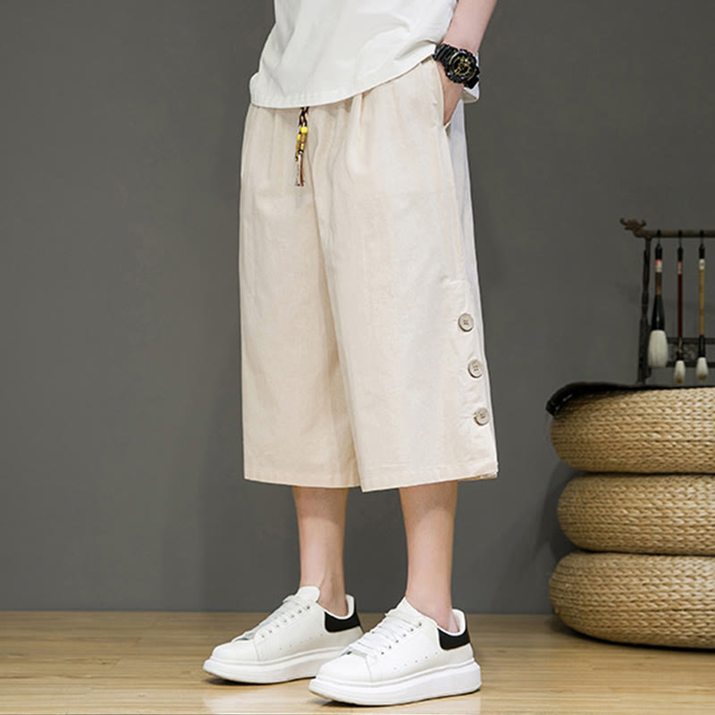 Pantaloni da uomo in cotone con coulisse, modello Buddha Stones, casual, tinta unita, bottoni laterali e tasche
