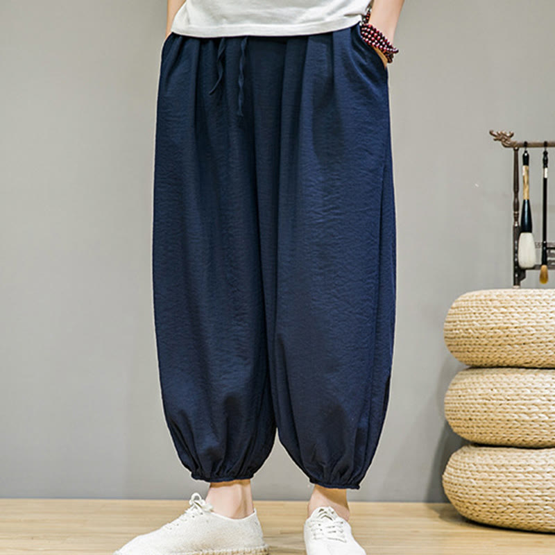 Pantaloni harem da uomo in cotone con coulisse, lunghezza caviglia , Buddha Stones Summer Plain, con tasche - image 1