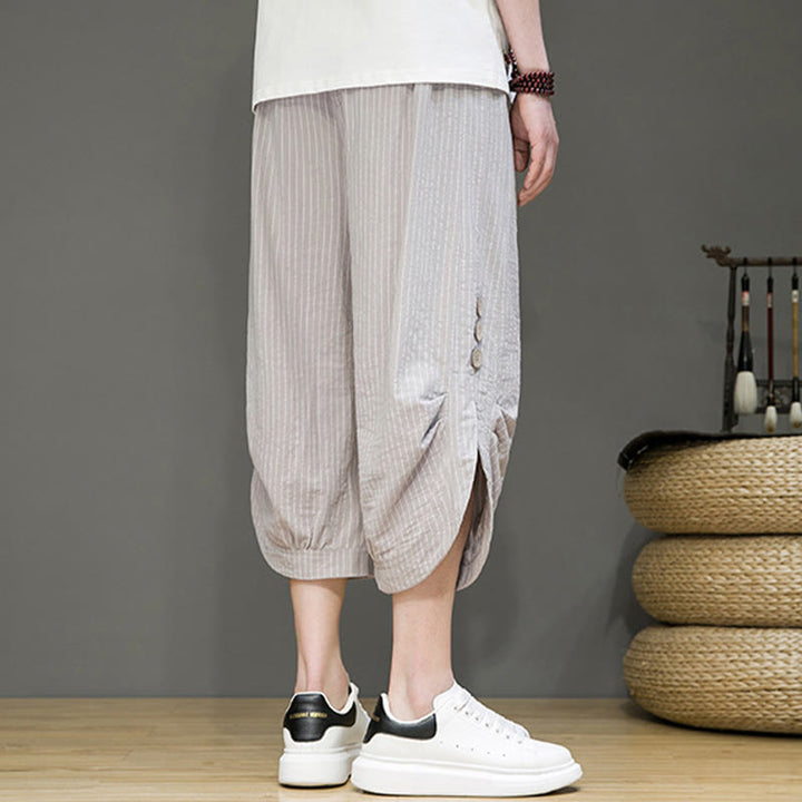 Pantaloni harem da uomo in cotone con tasche, modello casual a righe bianche con coulisse e bottoni, modello Buddha Stones - image 5