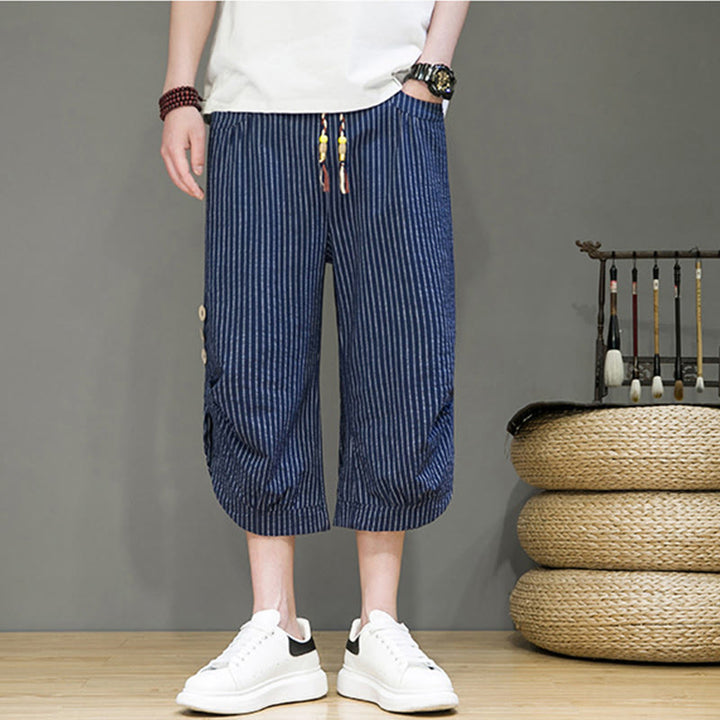 Pantaloni harem da uomo in cotone con tasche, modello casual a righe bianche con coulisse e bottoni, modello Buddha Stones - image 28