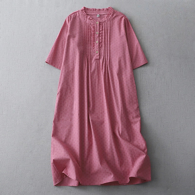 Abito midi in lino e cotone, a maniche corte, con tasche, stile casual retrò, tinta unita, con bottoni e volant, scollo rotondo , Buddha Stones