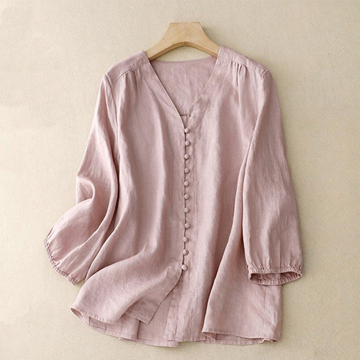 Camicia da donna a maniche lunghe in cotone e lino con scollo a V Buddha Stones - Rosa - US8-10, UK/AU12-14, EU40-42 (2XL) - image 0