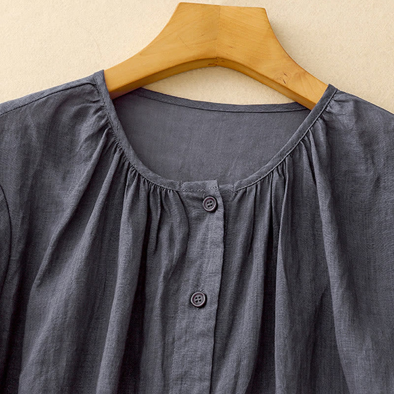Camicia da donna in misto cotone con maniche a tre quarti e scollo rotondo con bottoni semplici e motivo Buddha Stones - image 1