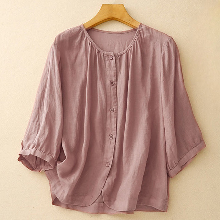 Camicia da donna in misto cotone con maniche a tre quarti e scollo rotondo con bottoni semplici e motivo Buddha Stones - RossoViolaPale - US14, UK/AU18, EU46 (2XL) - image 5